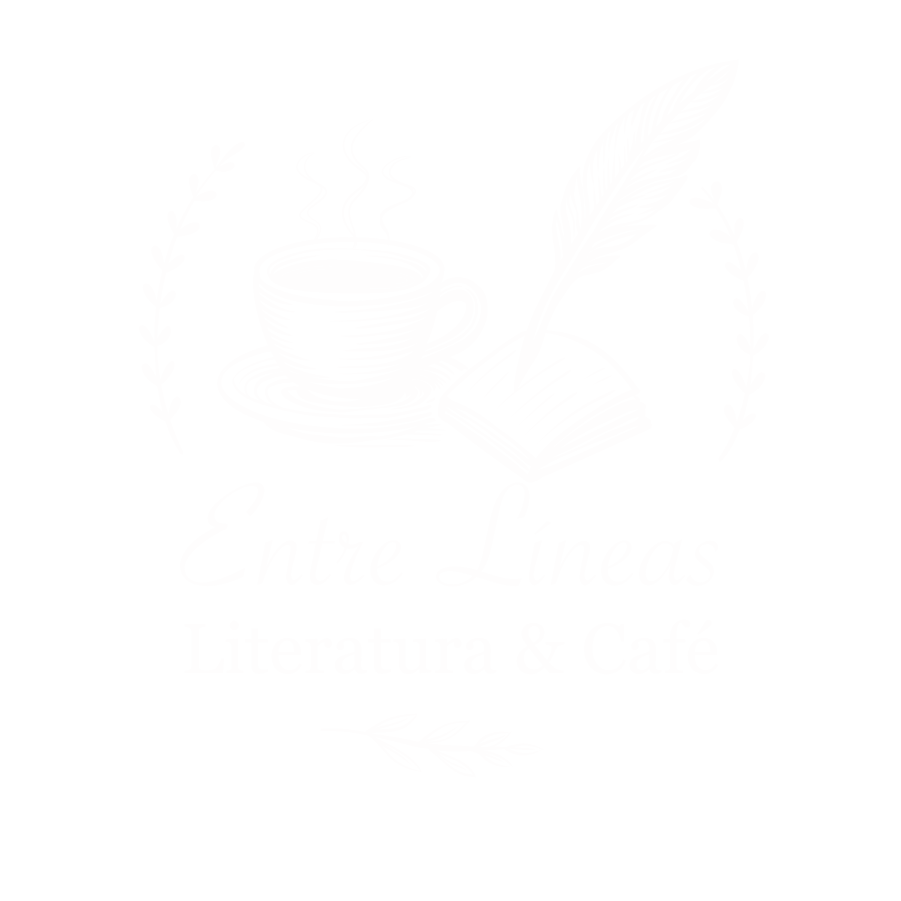 Logo de Entre Líneas - Taza de café, libro abierto y pluma estilográfica